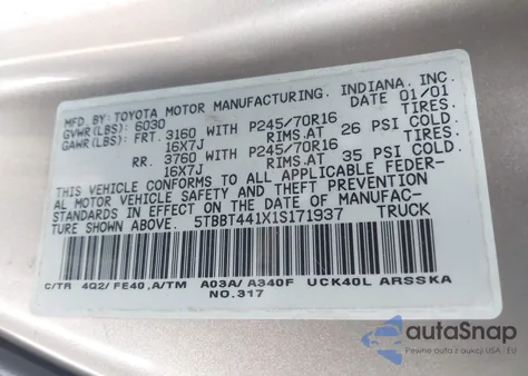 2001 Toyota Tundra Sr5 V8 z USA, uszkodzony, nr VIN 5TBBT441X1S171937